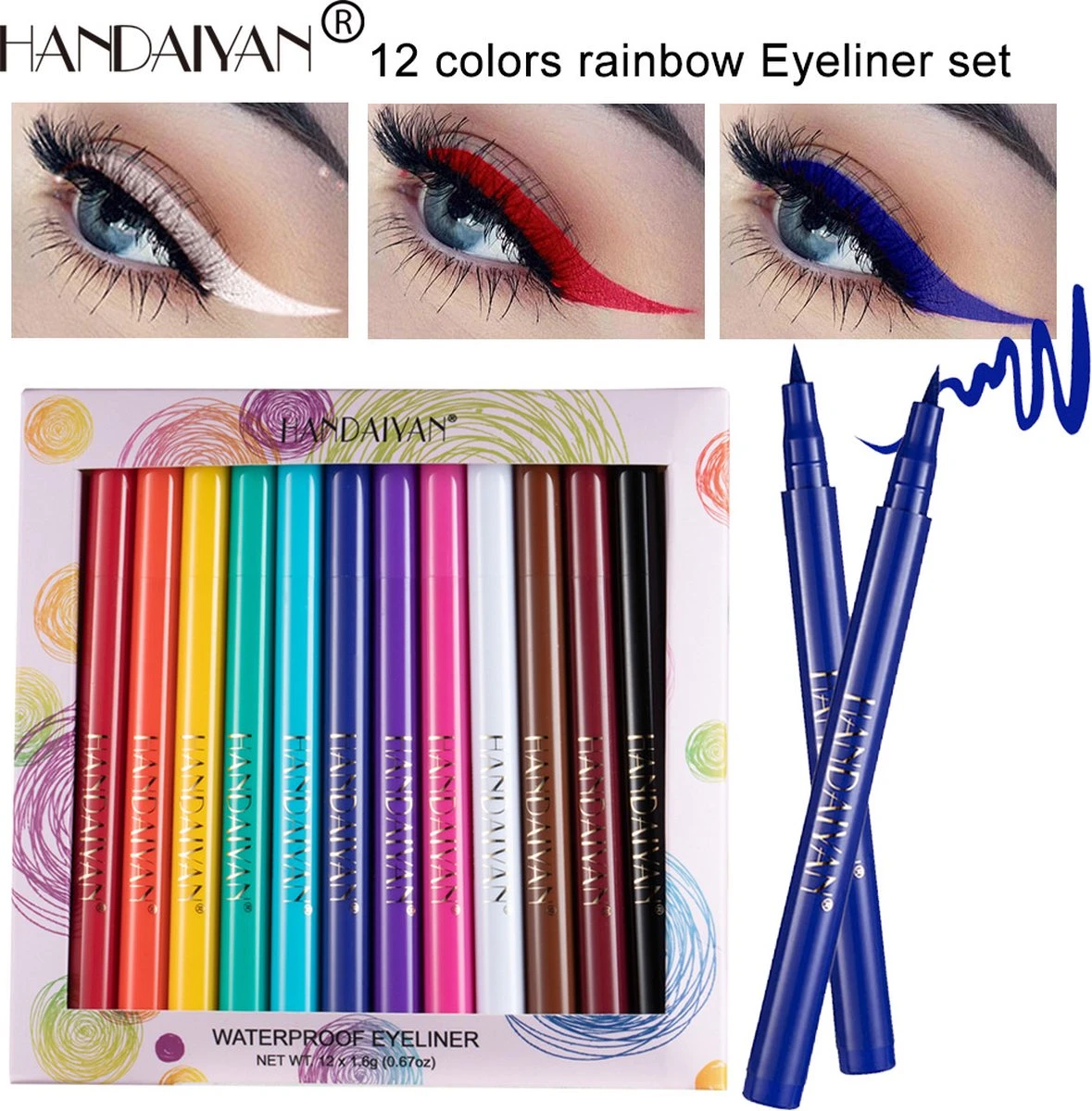 HANDAIYAN 12 Kleuren Mat Sneldrogend Niet Gemakkelijk Uit Te Vegen Kleur Eyeliner Set Make-up Show 1 HANDAIYAN 12 Kleuren Mat Sneldrogend Niet Gemakkelijk Uit Te Vegen Kleur Eyeliner Set Make-up Show