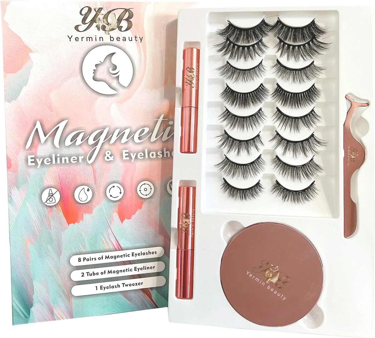 Yermin Beauty Magnetische Wimpers Set - Inclusief Wimperzetter En 2 Flesjes Waterproof Eyeliner - Wimperhouder Met Spiegel - 8+2 Paar Extra 2 Yermin Beauty Magnetische Wimpers Set - Inclusief Wimperzetter En 2 Flesjes Waterproof Eyeliner - Wimperhouder Met Spiegel - 8+2 Paar Extra - Afbeelding 2