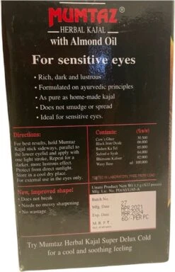 GoodUse Export Mumtaz Herbal Kajal Stick 1 Stuks - Zwarte Eyeliner - Kajal Oogpotlood Zwart - Make Up - Kohl Kajal - Gevoelige Ogen - Amandelolie - Natuurlijk -Oogmake Up Winkel 772x1200